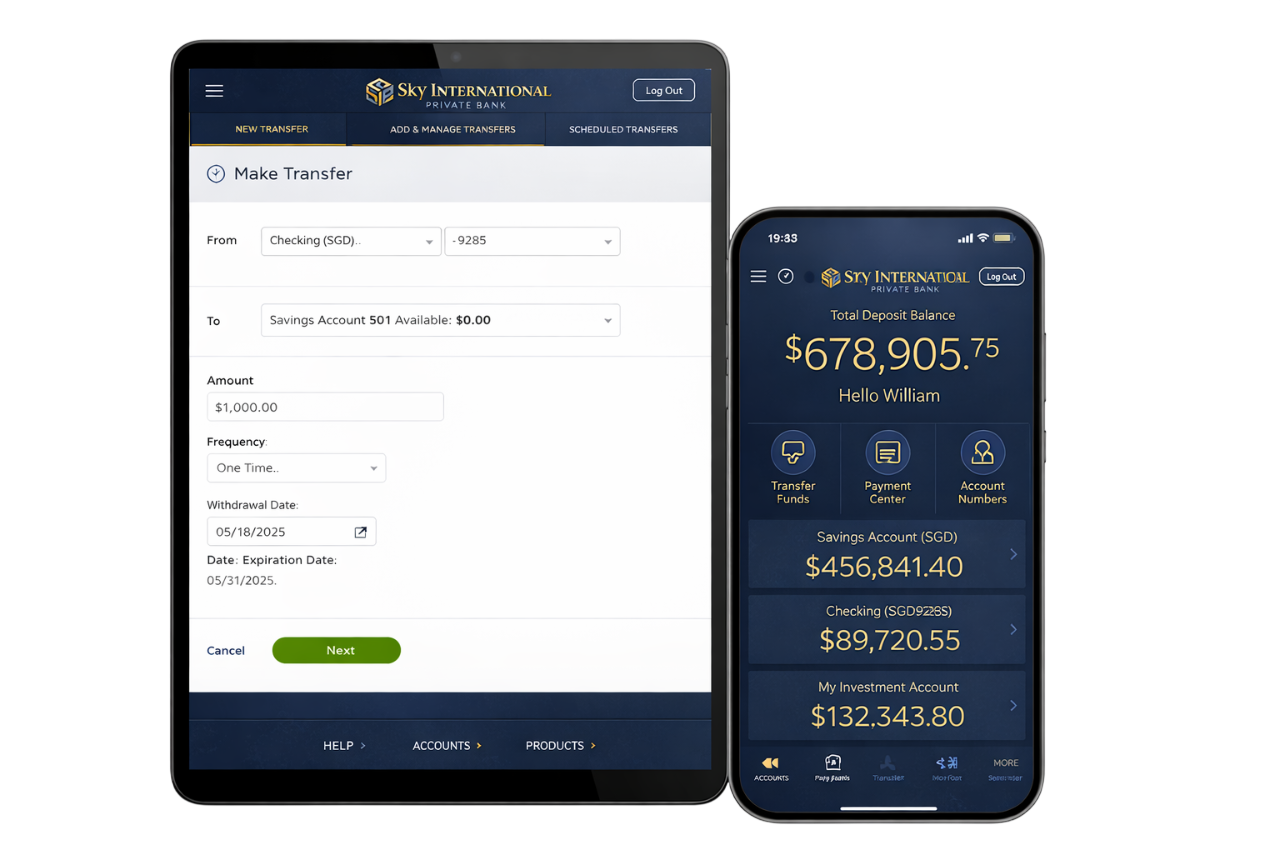 Sky International Private Bank mobile app on iPhone and iPad: transfers, balances, and everyday banking.